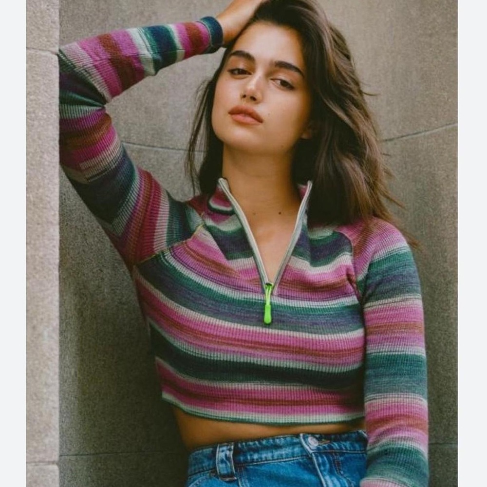 Urban Outfitters Multicolor Lexi Striped Quarter-Zip Cropped Jumper